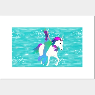 Mermaid on Unicorn on Sparkling Waves Teal Posters and Art